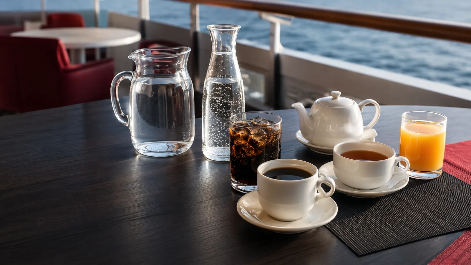 Agua, refresco, té, café filtrado y bebidas esenciales servidas en un crucero